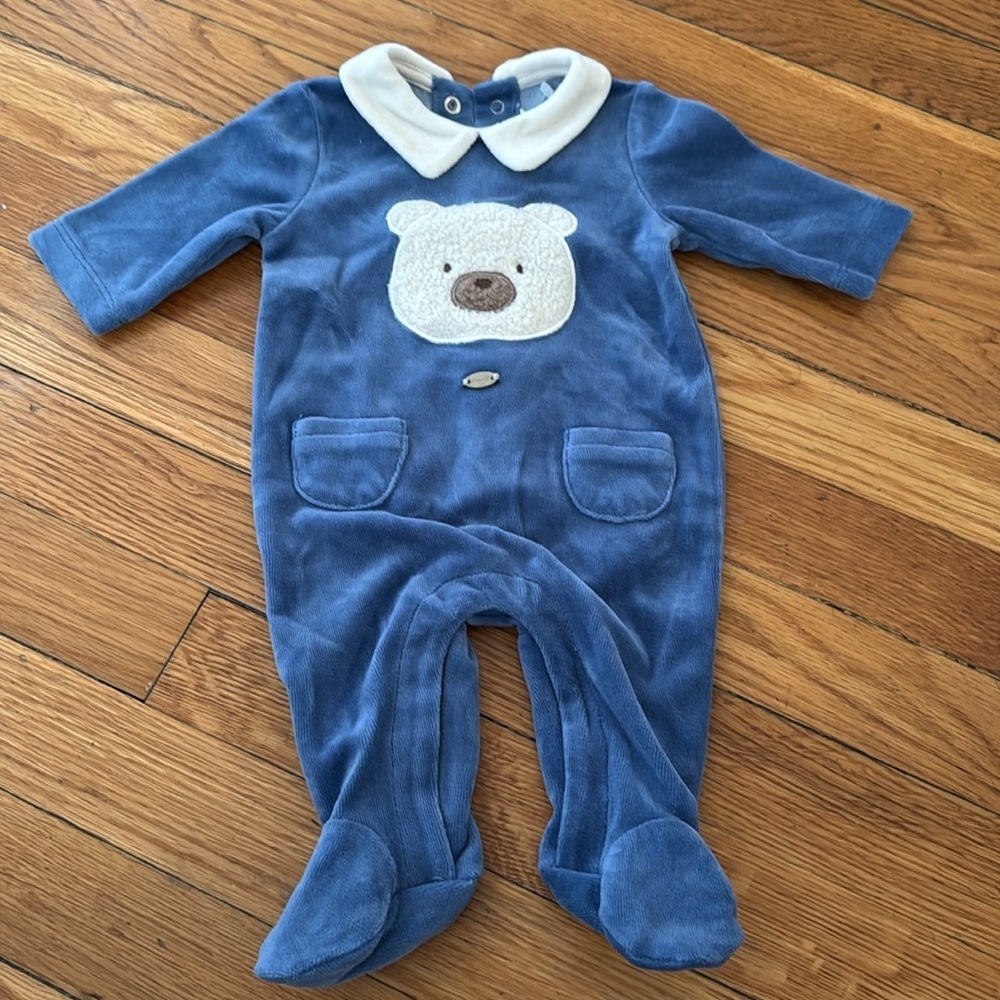 NEW Mayoral Blue Bear velour Footie One Piece button back boys newborn